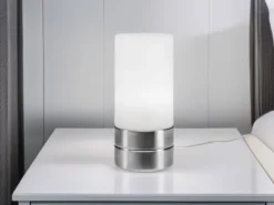 Kleine Tischlampe touch dimmbar mit Glasschirm Weiß & E14 LED, Höhe 20cm