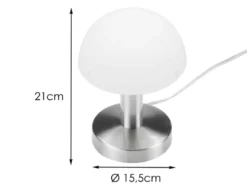 Kleine Tischlampe WARIN mit E14 Glasschirm Weiß per Touch dimmbar, Höhe 21cm