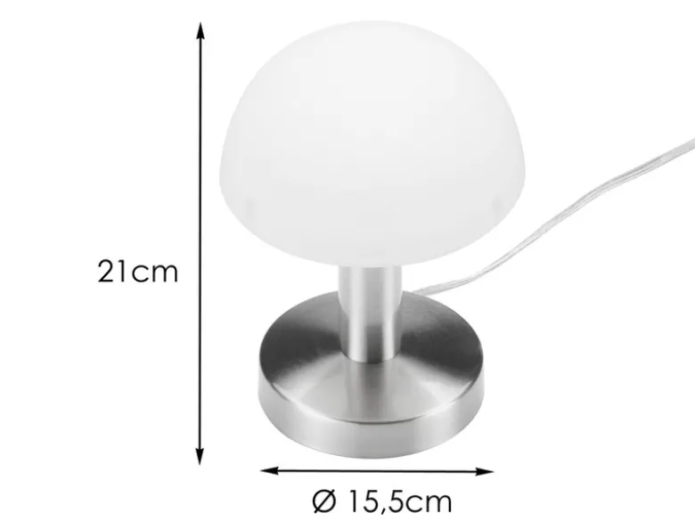 Kleine Tischlampe WARIN mit E14 Glasschirm Weiß per Touch dimmbar, Höhe 21cm