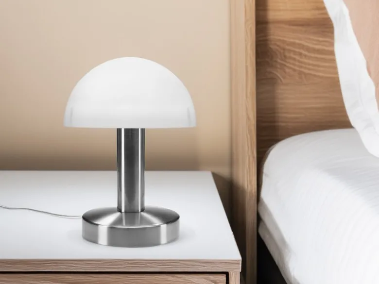 Kleine Tischlampe WARIN mit E14 Glasschirm Weiß per Touch dimmbar, Höhe 21cm