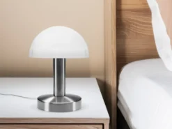Kleine Tischlampe WARIN touch dimmbar, Glasschirm Weiß mit E14 LED, Höhe 21cm
