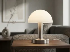 Kleine Tischlampe WARIN touch dimmbar, Glasschirm Weiß mit E14 LED, Höhe 21cm