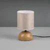 Kleine Tischleuchte LUCI mit Keramikfuß Holzoptik & Stoffschirm, Höhe 23cm