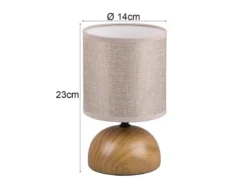 Kleine Tischleuchte LUCI mit Keramikfuß Holzoptik & Stoffschirm, Höhe 23cm