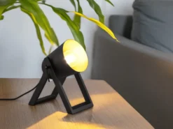 Kleine Tischleuchte MARC Naturholz Metallschirm Schwarz/Gold, Höhe 21cm