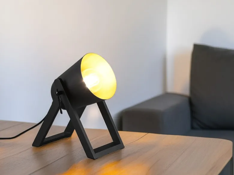 Kleine Tischleuchte MARC Naturholz Metallschirm Schwarz/Gold, Höhe 21cm