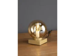 Kleine Tischleuchte PLUTO Messing Sockel - Glaskugel Amber, Höhe 17,5cm