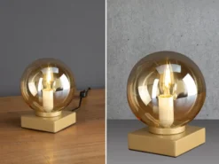 Kleine Tischleuchte PLUTO Messing Sockel - Glaskugel Amber, Höhe 17,5cm