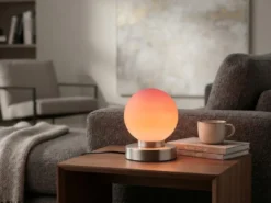 Kleine Touch Tischlampe PRINZ II Silber mit Glas Kugel Orange, Höhe 15cm