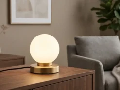 Kleine Touch Tischleuchte Messing mit Glas Kugel Weiß & E14 LED, Höhe 15cm