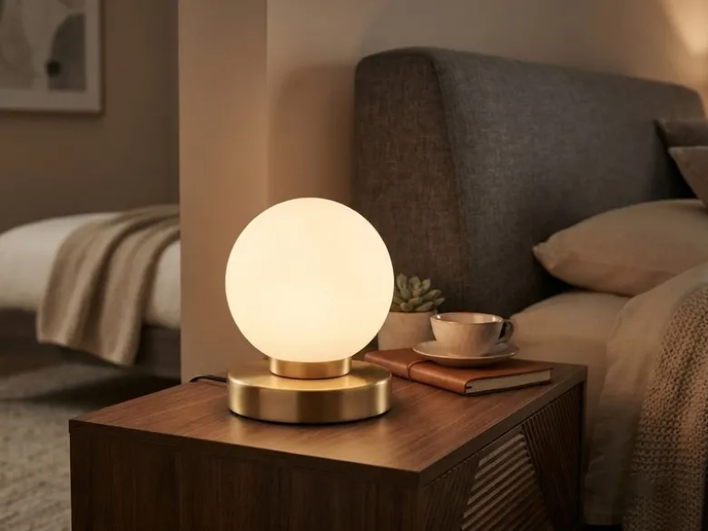 Kleine Touch Tischleuchte Messing mit Glas Kugel Weiß & E14 LED, Höhe 15cm