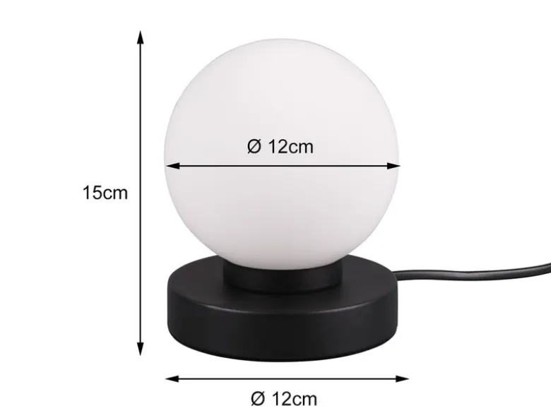 Kleine Touch Tischleuchte Schwarz mit Glas Kugel Weiß & E14 LED, Höhe 15cm