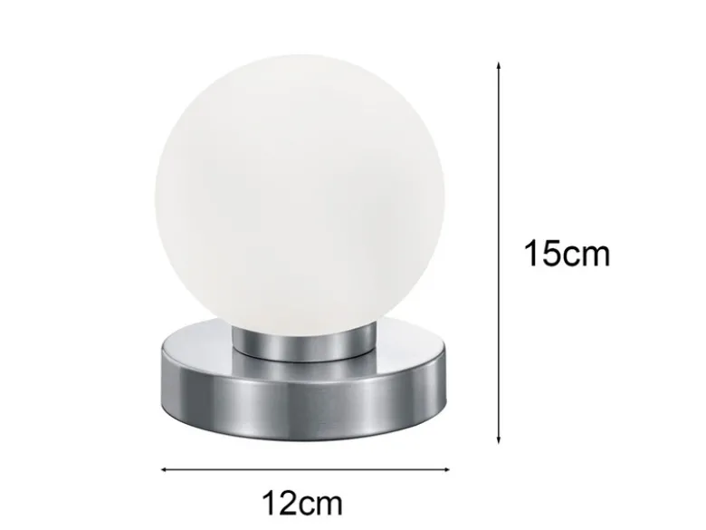 Kleine Touch Tischleuchte Silber mit Glas Kugel Weiß & E14 LED, Höhe 15cm