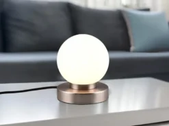 Kleine Touch Tischleuchte Silber mit Glas Kugel Weiß & E14 LED, Höhe 15cm