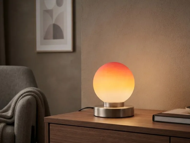Kleine Touch Tischleuchte Silber mit Glas Kugel Orange & E14 LED, Höhe 15cm