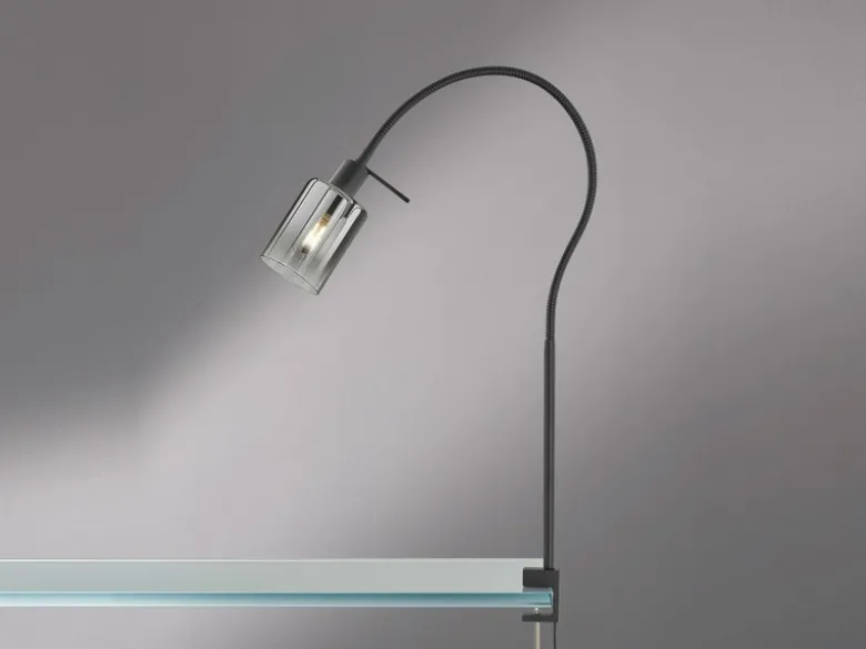 Klemmlampe ISKA Rauchglas Schwarz, Schwanenhals Leselampe, Breite 8,5cm