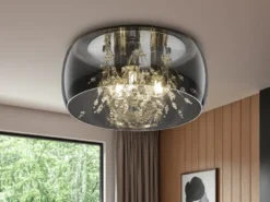 Kristall Deckenleuchte CRYSTEL Glas Chrom verspiegelt & Rauchglas Optik, Ø 34cm