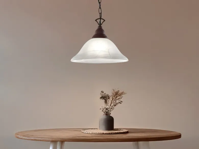 Landhaus LED Pendelleuchte in Rostoptik mit Glasschirm Weiß, Ø 33,5cm