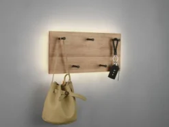 LED Holzbalken Wandgarderobe SAMANTHA mit 5 Haken 40x20cm