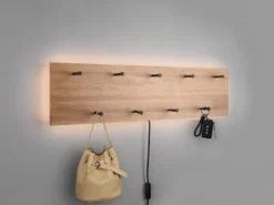 LED Holzbalken Wandgarderobe SAMANTHA mit 9 Haken 75x30cm