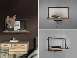 LED Wandregal 2er SET mit Beleuchtung aus Metall schwarz & Holz 50cm breit