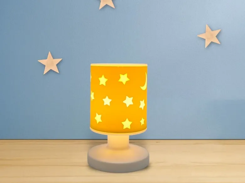 LED Akku Tischleuchte Sonnengelb mit Mond & Sternen per USB aufladbar, Höhe 20cm