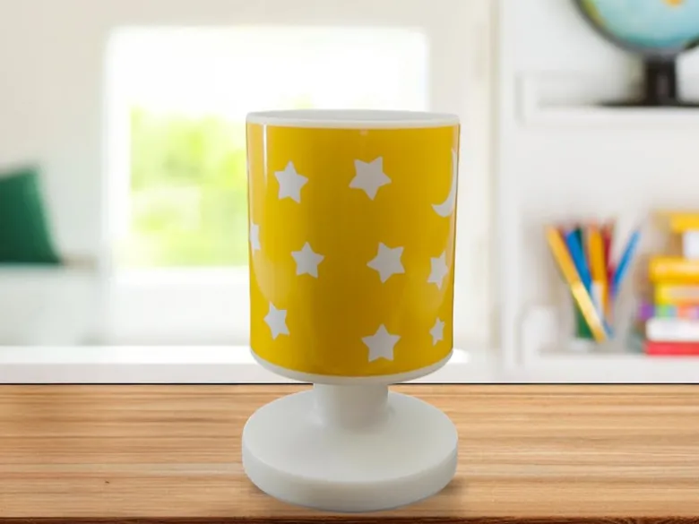 LED Akku Tischleuchte Sonnengelb mit Mond & Sternen per USB aufladbar, Höhe 20cm