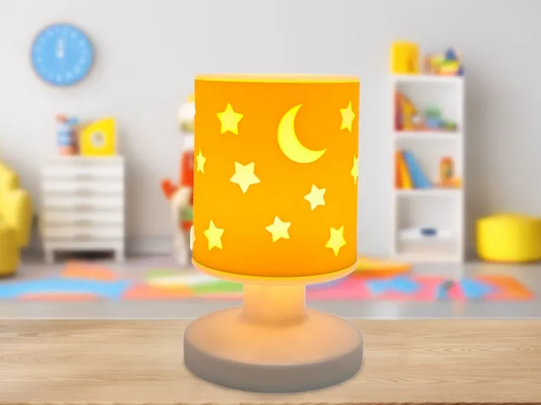 LED Akku Tischleuchte Sonnengelb mit Mond & Sternen per USB aufladbar, Höhe 20cm