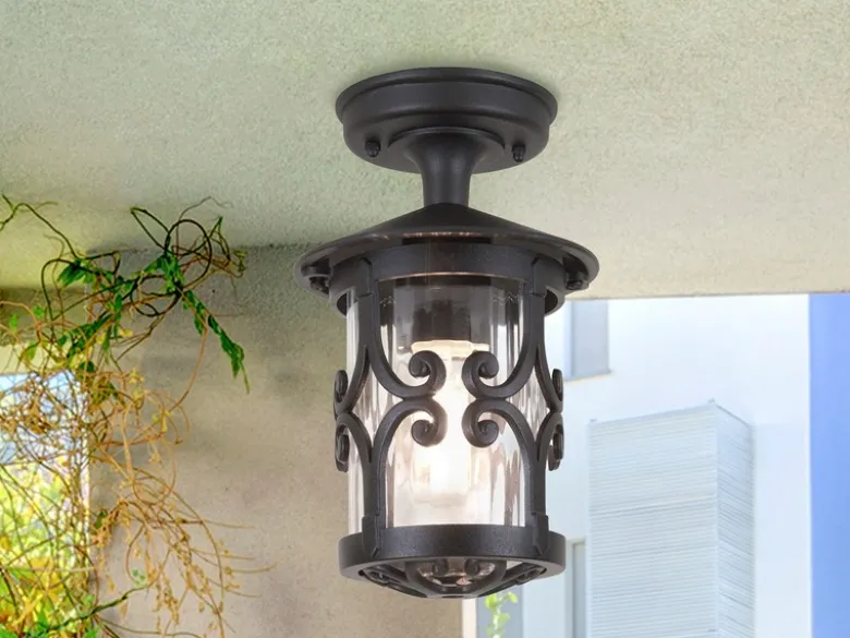 LED Außen Decken Laterne aus Alu im Landhausstil, Schwarz Höhe 26cm
