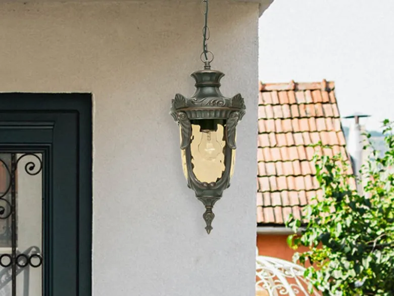 LED Außen Hängeleuchte im Jugendstil mit Amberglas, Ø19cm