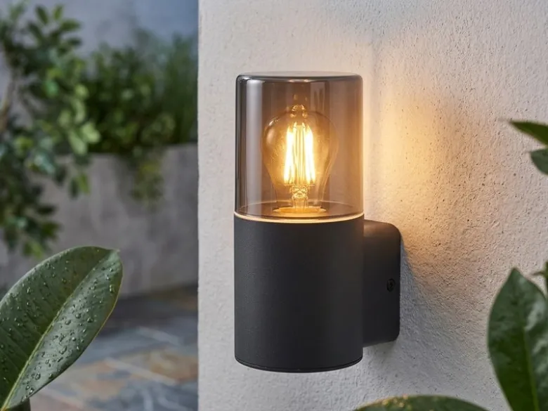 LED Außenwandleuchte Aluminium Schwarz & Rauchfarbig E27, Höhe 17,5cm
