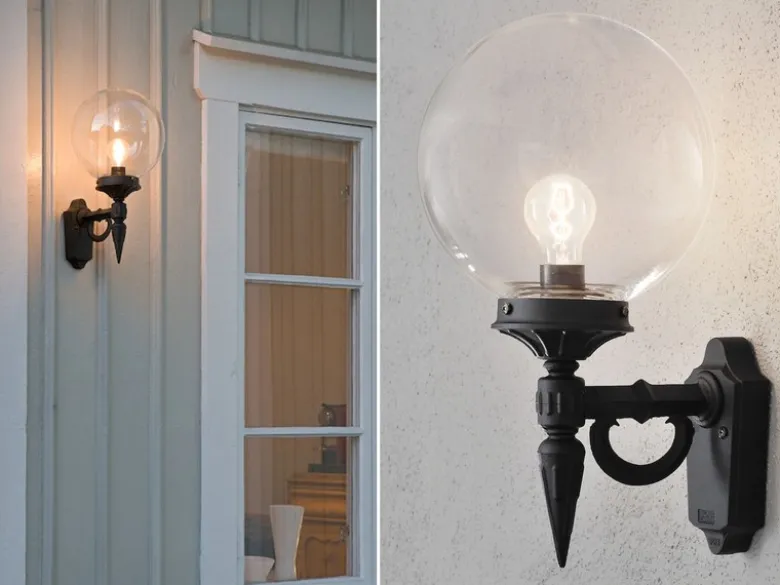LED Außenwandleuchte Aluminium Schwarz mit Glaskugel, Höhe 44cm