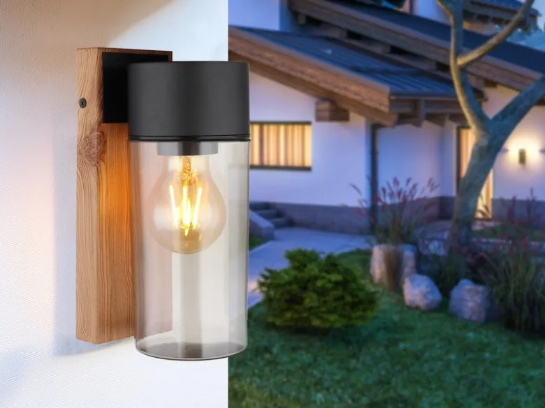 LED Außenwandleuchte aus Edelstahl in Holzoptik mit rauchfarbigem Glas H:22,5cm