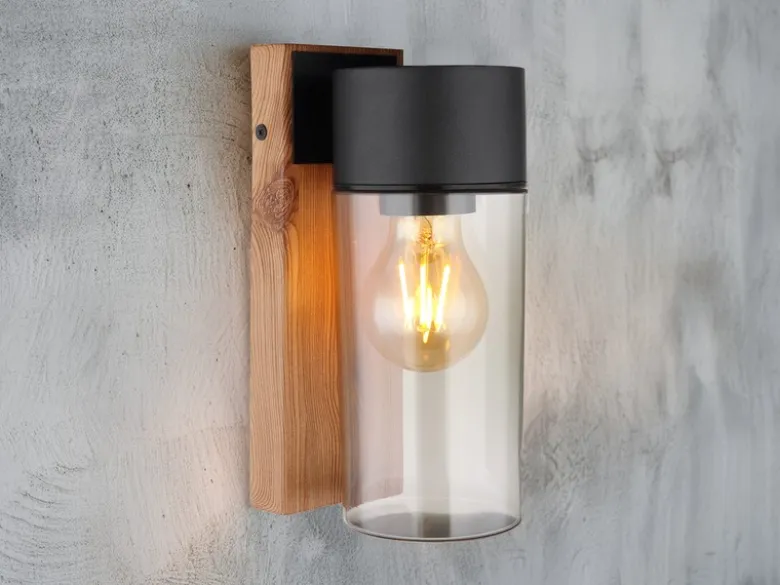 LED Außenwandleuchte aus Edelstahl in Holzoptik mit rauchfarbigem Glas H:22,5cm