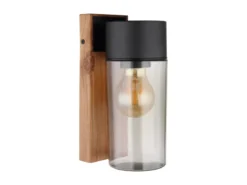 LED Außenwandleuchte aus Edelstahl in Holzoptik mit rauchfarbigem Glas H:22,5cm