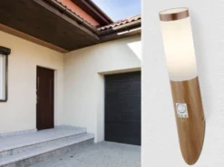 LED Außenwandleuchte in Holzoptik mit Bewegungsmelder, Höhe 40,5cm