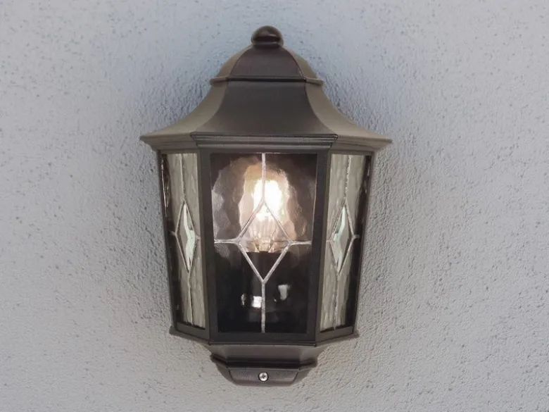 LED Außenwandleuchte Landhausstil Laterne Halbschale mit Bleiglas, Höhe 36cm