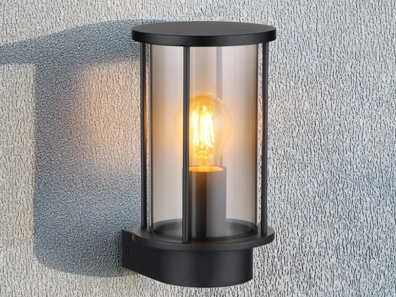 LED Außenwandleuchte Laterne aus Edelstahl mit Rauchglas, Höhe 25cm