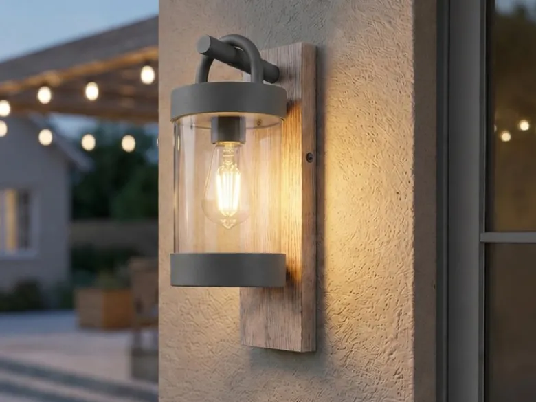 LED Außenwandleuchte Laterne im Landhausstil mit Holzoptik, Höhe 33cm