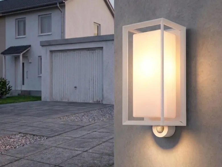 LED Außenwandleuchte Laterne mit Bewegungsmelder in Weiß, Höhe 28cm