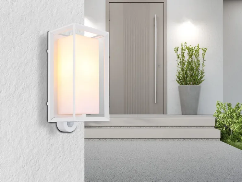 LED Außenwandleuchte Laterne mit Bewegungsmelder in Weiß, Höhe 28cm