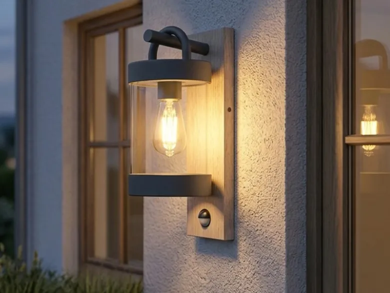 LED Außenwandleuchte Laterne Holzoptik mit Bewegungsmelder, Höhe 33cm