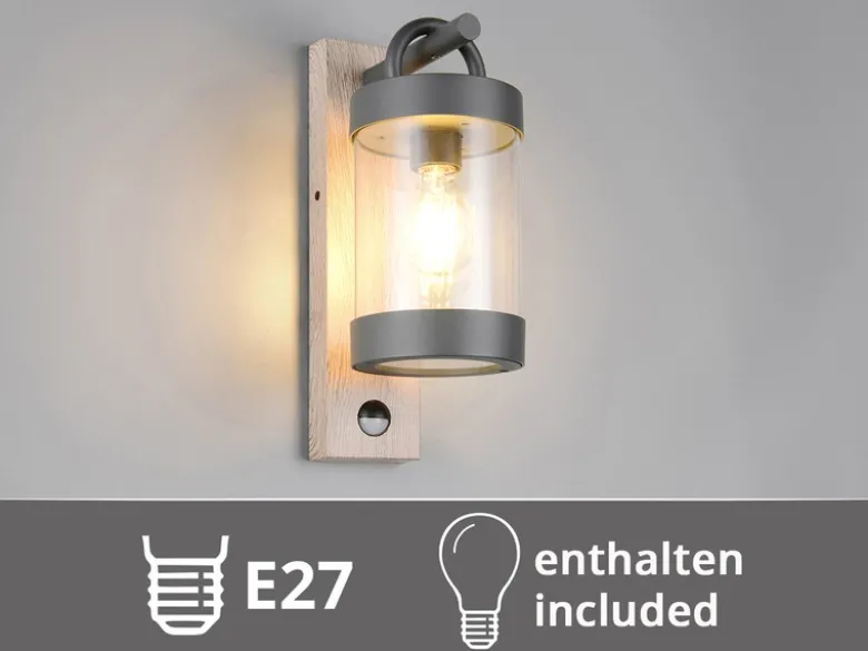 LED Außenwandleuchte Laterne Holzoptik mit Bewegungsmelder, Höhe 33cm