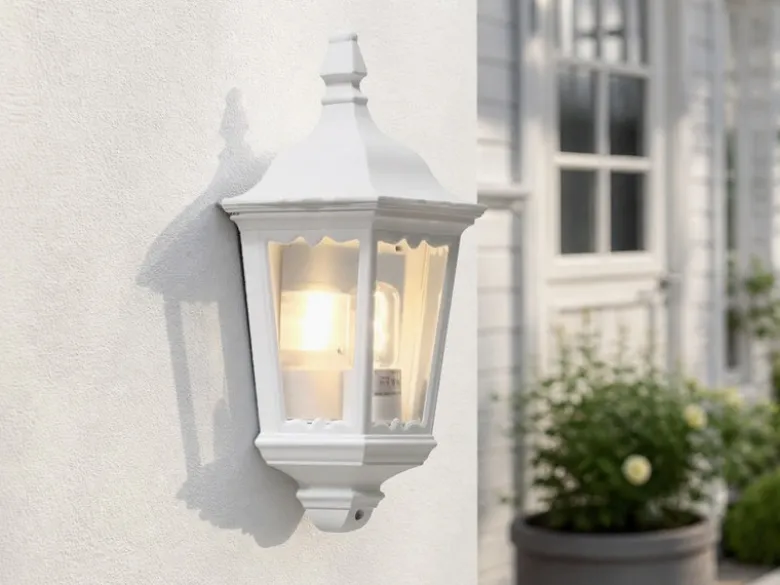 LED Außenwandleuchte Laternen Halbschale, E27, Aluminium Weiß, Höhe 44,5cm