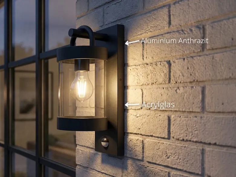 LED Außenwandleuchte mit Bewegungsmelder, Laterne Anthrazit, Höhe 33cm