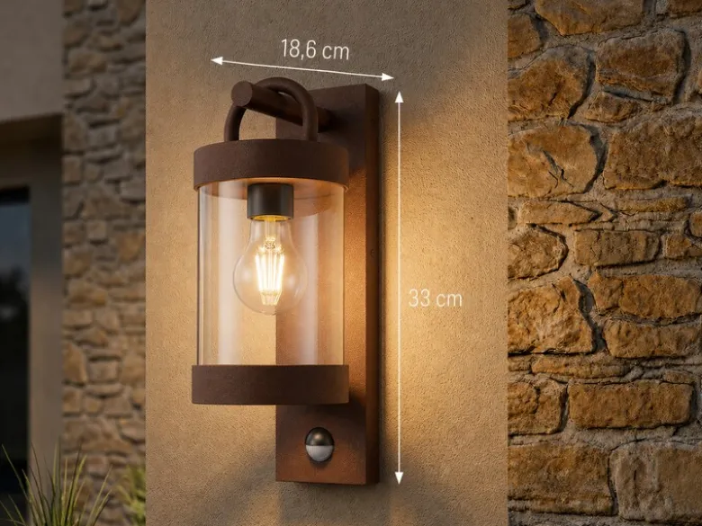 LED Außenwandleuchte mit Bewegungsmelder, Laterne Rostoptik, Höhe 33cm