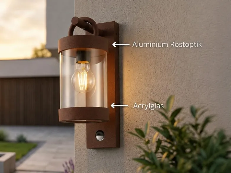 LED Außenwandleuchte mit Bewegungsmelder, Laterne Rostoptik, Höhe 33cm