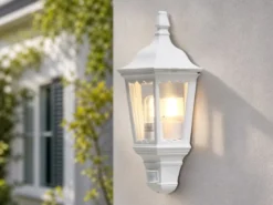 LED Außenwandleuchte mit Bewegungsmelder, Laternen Halbschale, Weiß Höhe 49,5cm