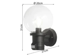 LED Außenwandleuchte mit Bewegungsmelder, Schwarz mit Glas Kugel Ø 20cm