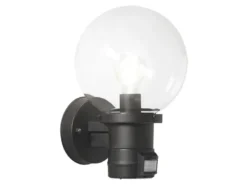 LED Außenwandleuchte mit Bewegungsmelder, Schwarz mit Glas Kugel Ø 20cm